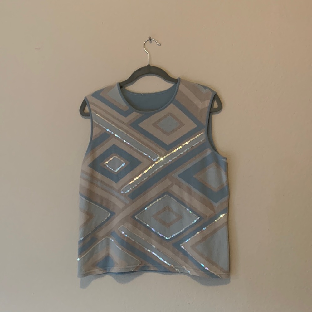 Escada matching blouse and sweater. Light blue with sequins